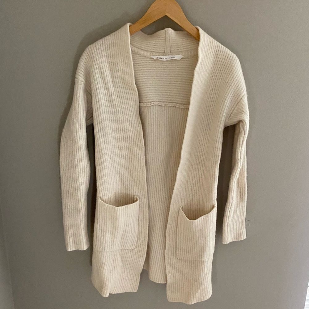 Athleta Wool and Cashmere Blend  Ivory Ribbed Cardigan Sweater with pockets